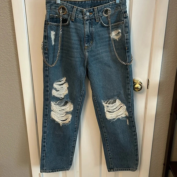 Carmar Denim Women’s (25) High Waist Distressed Chain Straight Leg Jeans - Picture 1 of 7